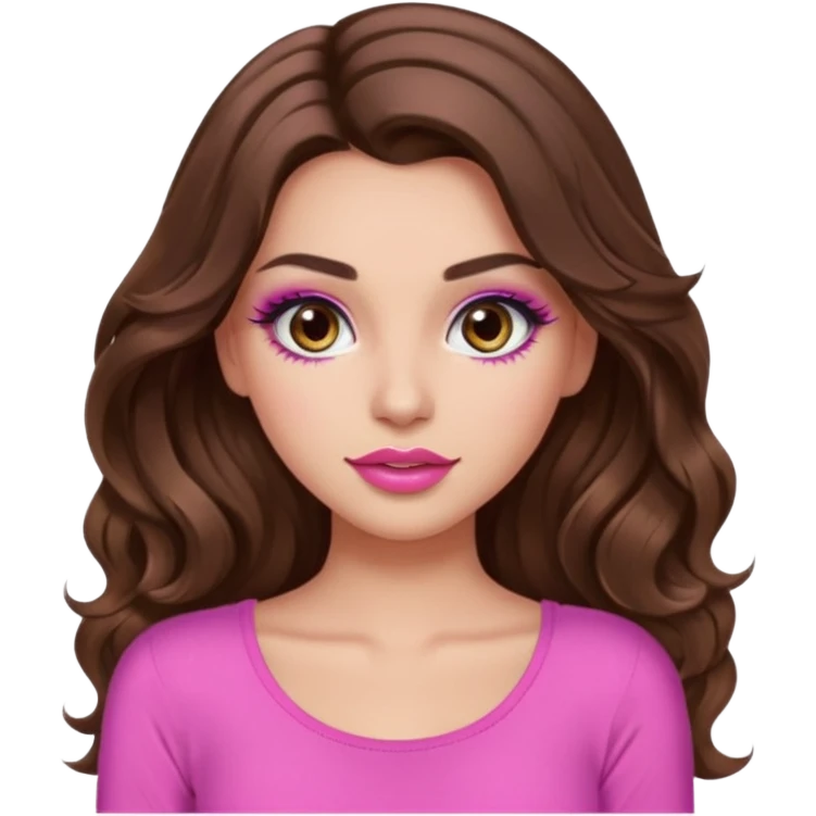 girl with long wavy brown hair, brown eyes, long lashes makeup, sexy pink lips, light to medium complexion, wearing a pink sexy t emoji