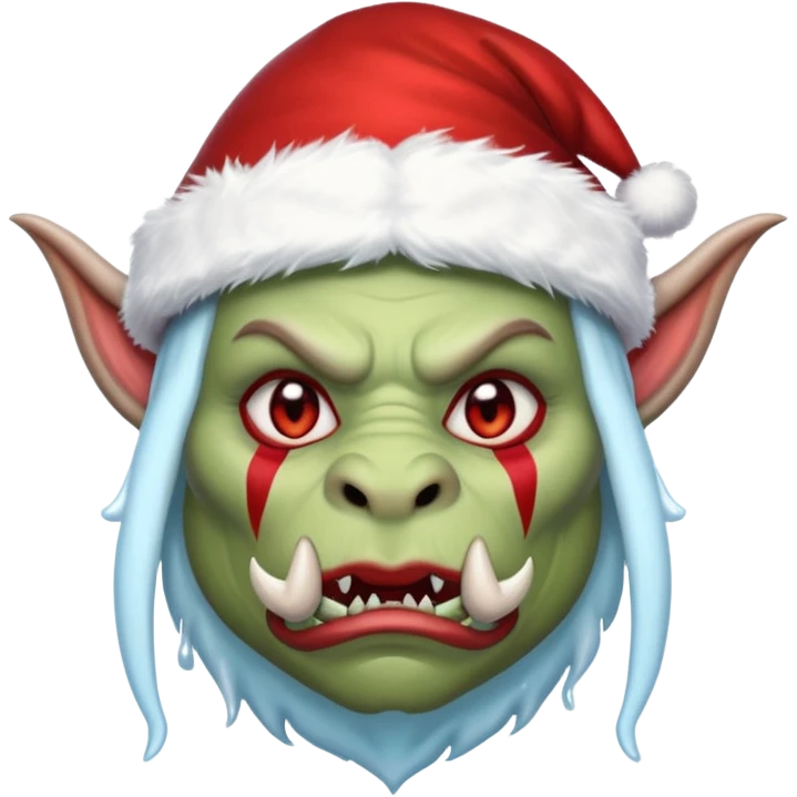 Fantasy orc emoji portrait, Santa Claus hat stretched around tusks, tusks covered with ice and crimson frost cracks, cold predator expression, winter hunt atmosphere, minimal clean emoji design, female variant
 emoji