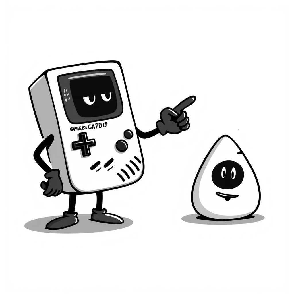 1930s style cartoon gameboy console character, cuphead-style, in black and white, on a plain white background, pointing at something.

 emoji