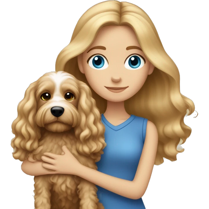 White dark blond girl with long hair and blue eyes hugging a cavapoo dog emoji