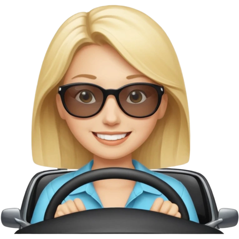 blonde woman driving car. Happy face confidence emoji