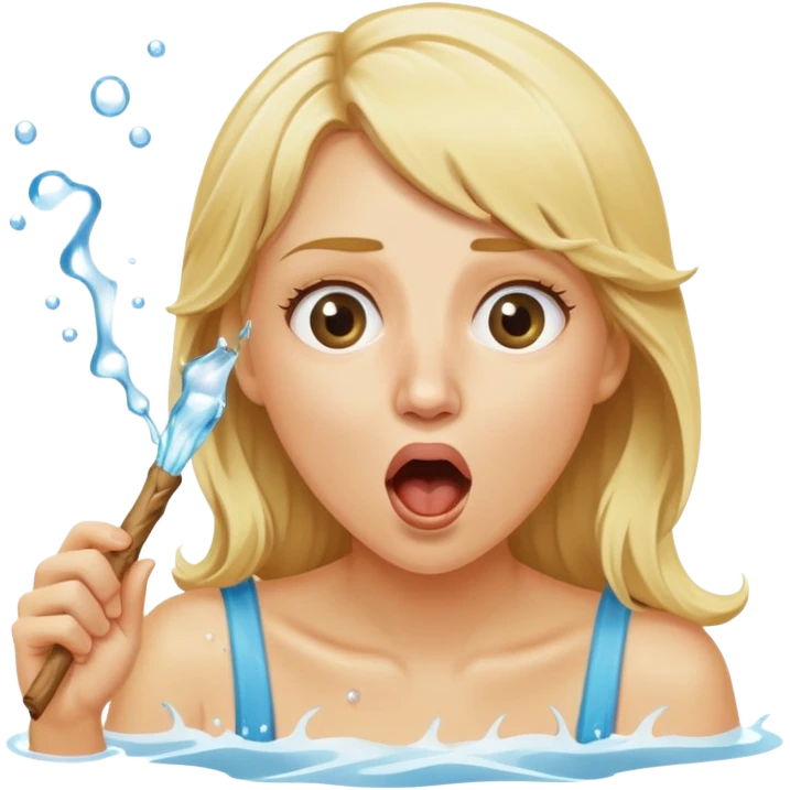 blond woman eating a stick the same color as her skin, water stream squirting directly from the stick into her open mouth, surprised expression emoji