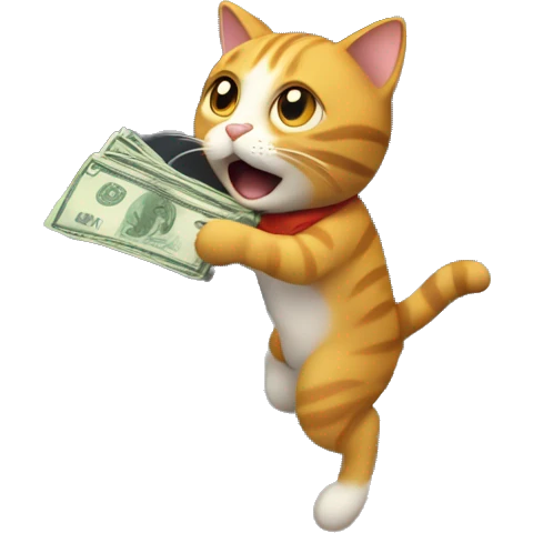 a cat stealing money from an atm with the hang closed holding notes that are flying away emoji
