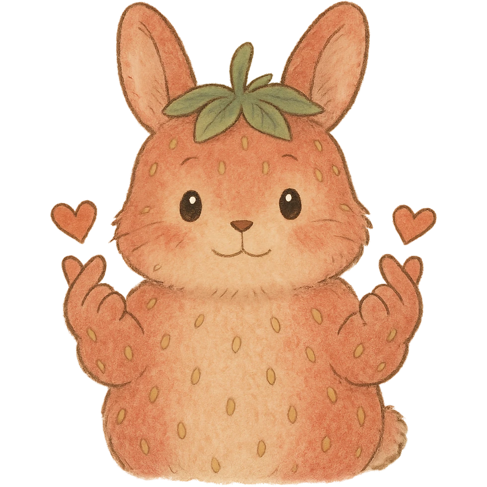 strawberry bunny making finger hearts, soft ghibli style emoji
