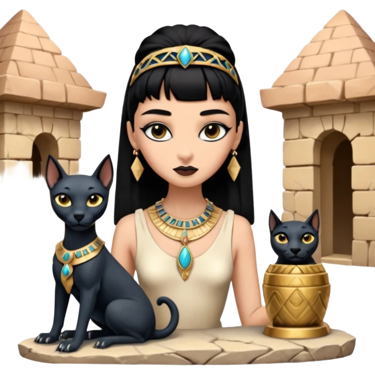 Witchy-mannered real Audrey Hepburn cleopatra Protecting silky black-haired tiny chained-slave-adorned statuette scale smoky-evil-eyed Anubis dessert scenery stone-age cracked irregular dwelling  emoji