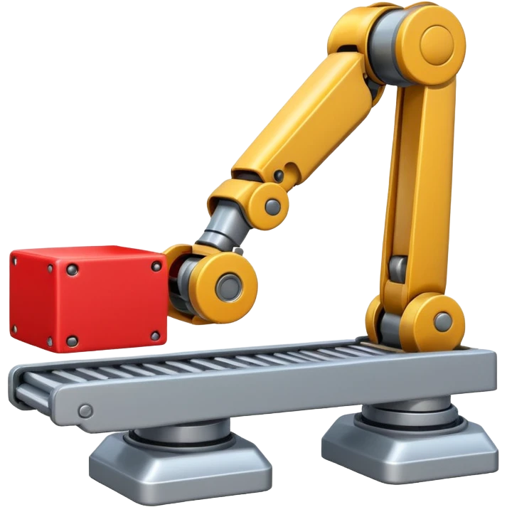 robot arm which is picking block on conveyor belt emoji