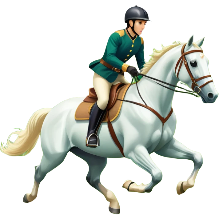 An icon featuring a horse and rider galloping gracefully over a lush green field. The rider is in full gear, guiding the horse with precision. The background shows rolling hills, a clear blue sky, and vibrant sunlight illuminating the scene. Transparent background highlights the elegance emoji