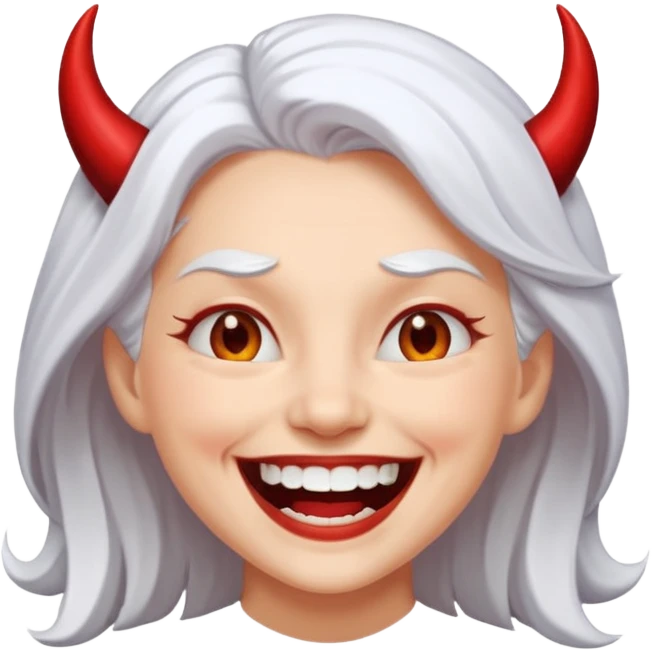 White haired woman laughing at the devil emoji
