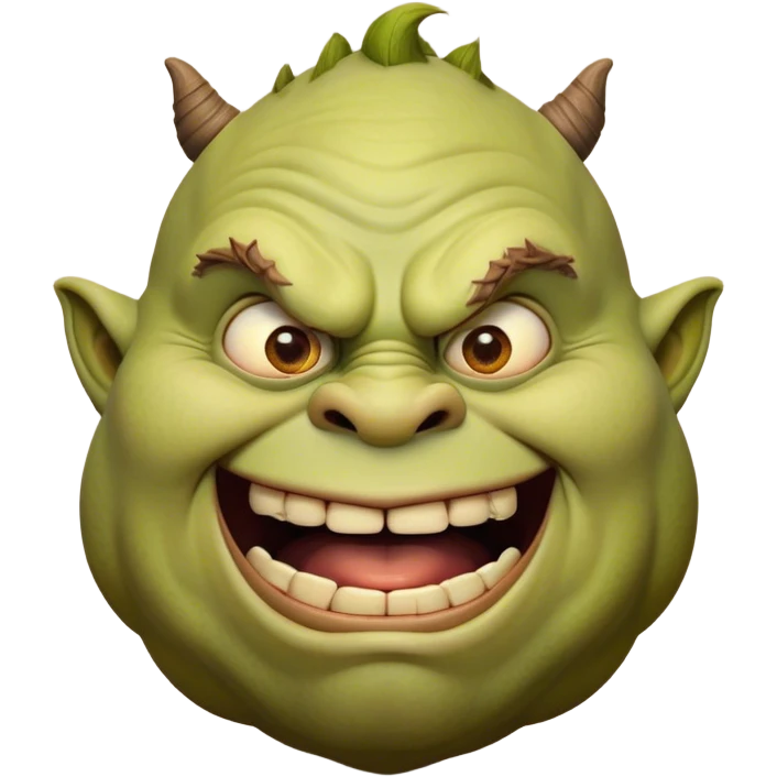 Cinematic Comical Ogre Portrait Emoji, with a strikingly exaggerated, bulky figure in vivid earthy greens and browns, head tilted in a dramatically surprised expression with wide, comically bulging eyes and a goofy, oversized grin, simplified yet hilariously exaggerated, highly detailed with a soft, cartoonish glowing outline capturing the playful absurdity of a meme-worthy ogre! emoji