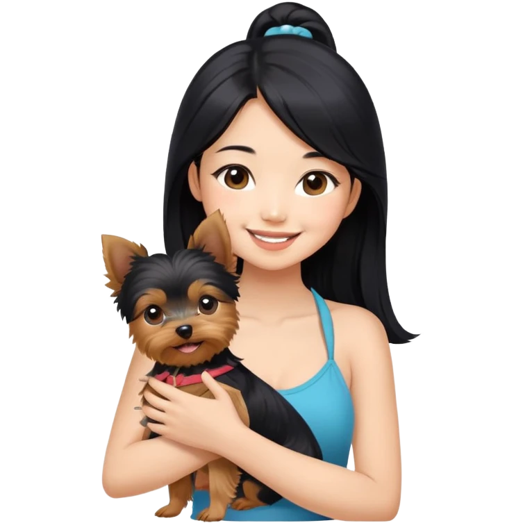 Pretty Asian girl with long, luscious black hair, wearing a cute sleeveless halter top, smiling warmly while carrying an adorable Yorkshire Terrier in her arms emoji
