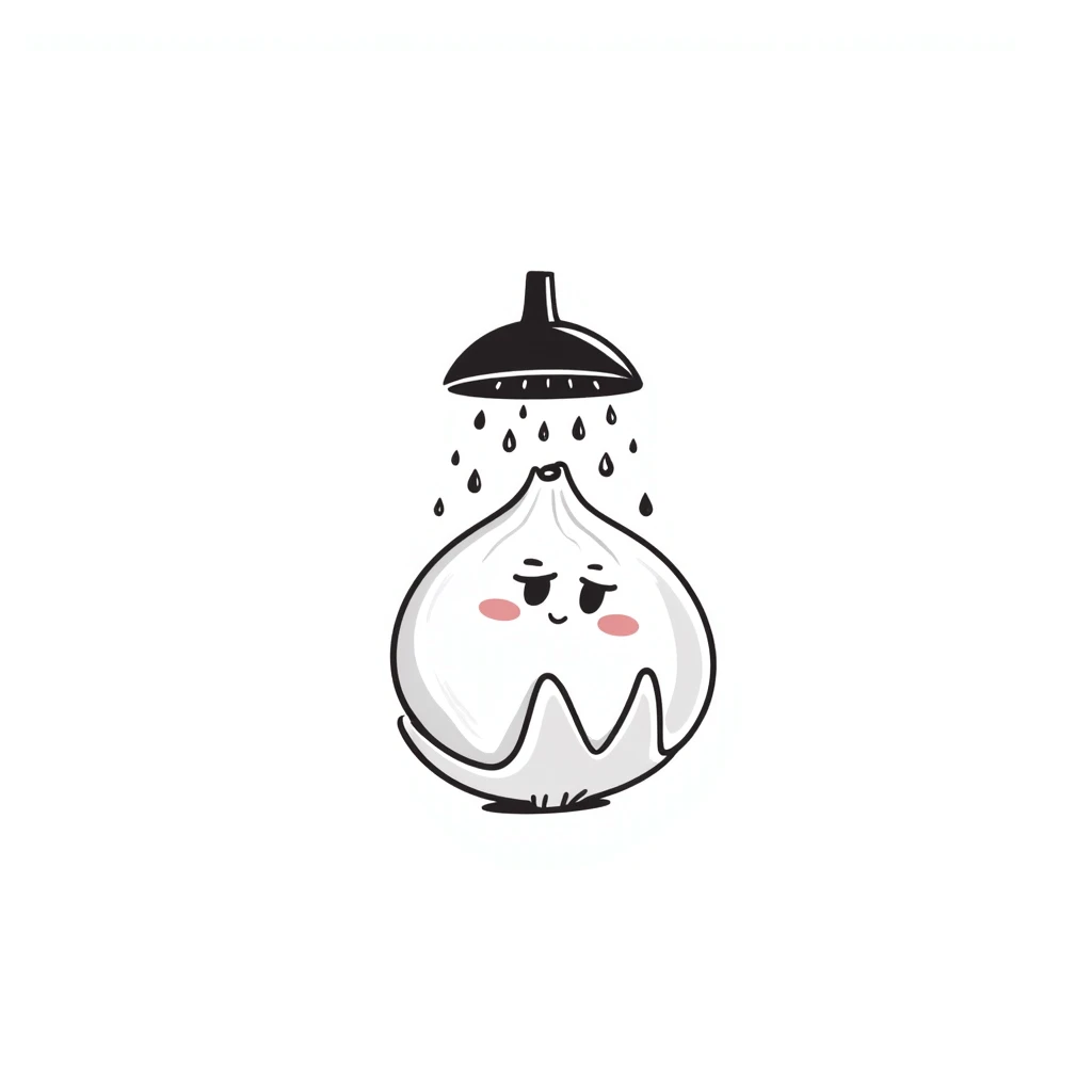 adorable onion with blushing pink cheeks under showerhead, shy expression, water drops emoji