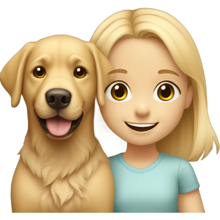 Smiling girl 6 years old with blond hair with a shaggy golden Labrador dog with brown eyes emoji