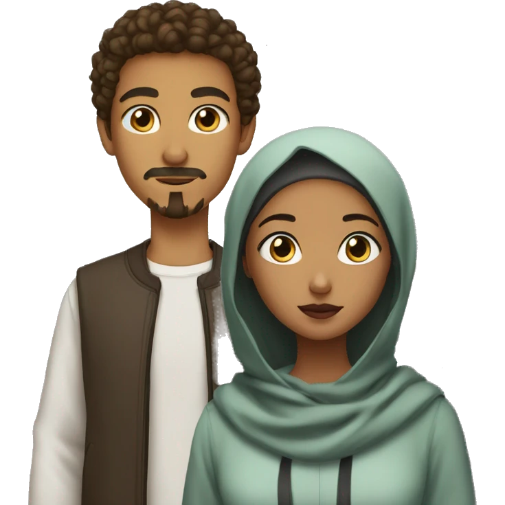 brown teen with short curly hair and goatee and moustache standing and black eyes next to a brown girl wearing a hijab emoji