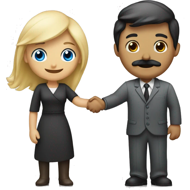blond blue eyed woman shaking hands with dark hair dark eyed man with mustache emoji