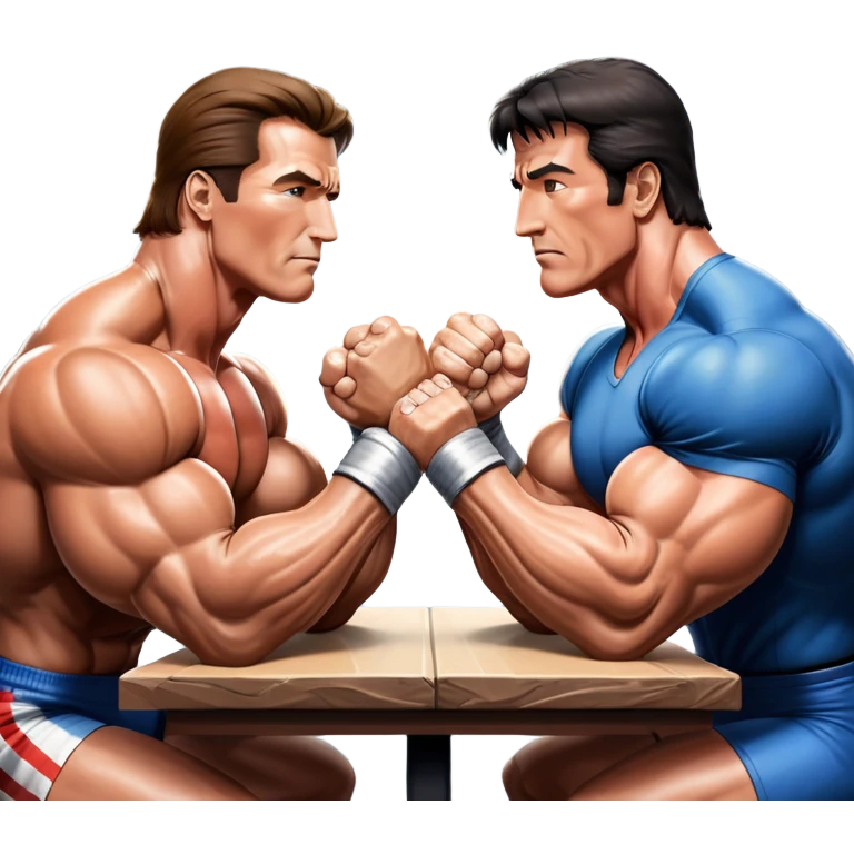 Arnold Schwarzenegger and Sylvester Stallone from 'Over the Top,' locked in an arm wrestling battle, using only their right hands. Their left hands rest on the table. Both display immense strength, with muscular arms flexing, under bright competition lights. Transparent background. emoji