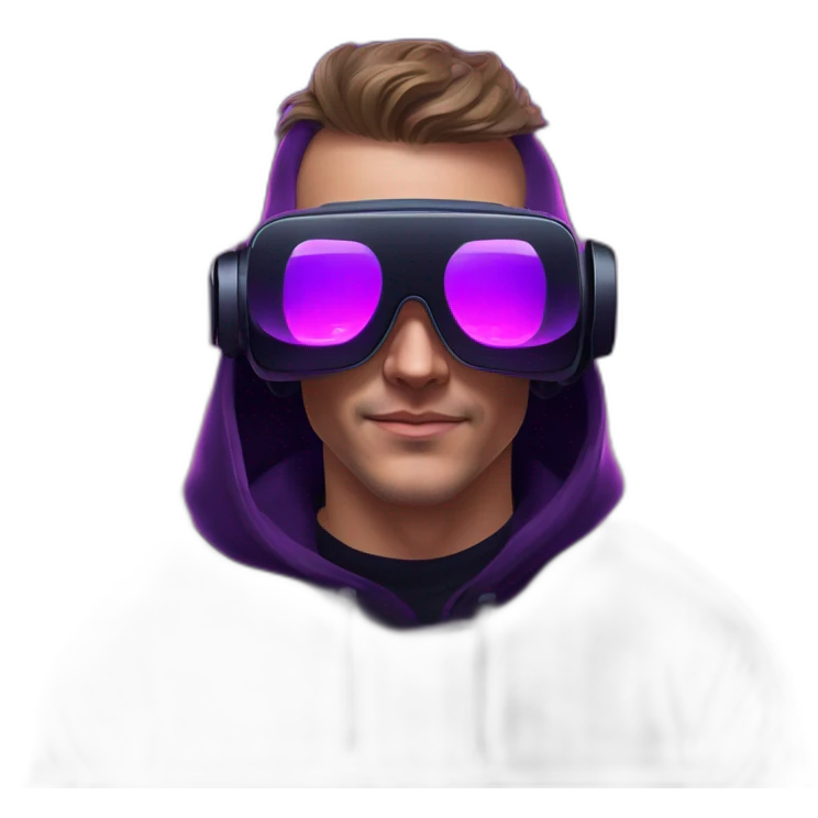 Russian man in the black hoody with violet OMG VR logo on it wearing vr headset oculus quest 2. Cyberpunk style. Violet neon. emoji