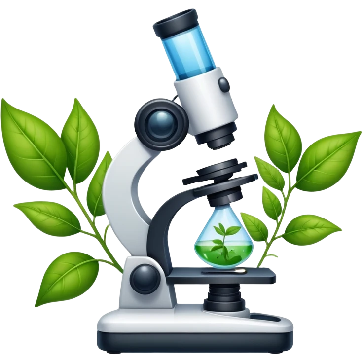 An icon featuring a microscope, a DNA strand, and plant leaves, symbolizing biology. The design includes cells, a test tube with a plant sample, representing life sciences, ecosystems, and the study of organisms. Transparent background highlights the exploration of living systems. emoji