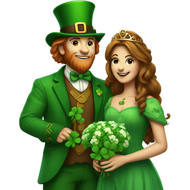 Leprechaun giving flowers mixed with clovers to beautiful brown haired queen  emoji