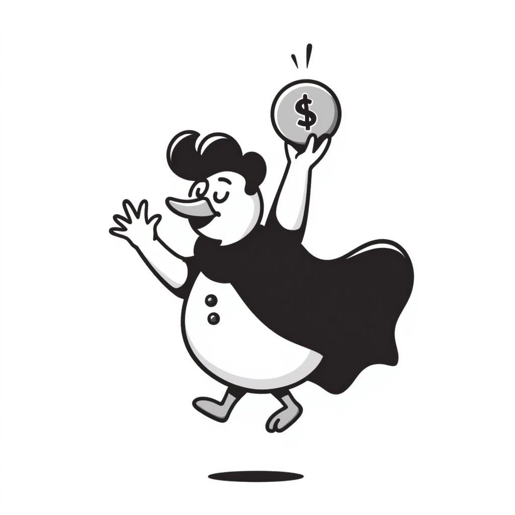 A cool duck in a mysterious black cloak flipping a silver coin emoji