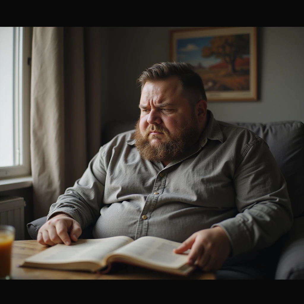 obese man trying to concentrate on a book but appears distracted and confused, home environment, hyperrealistic 4K details, realistic atmosphere, signs of cognitive difficulty emoji