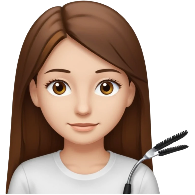 Chica de pelo liso ,largo y marrón con ojos color marrón claro y una camiseta blanca y la piel blanca con pestañas emoji
