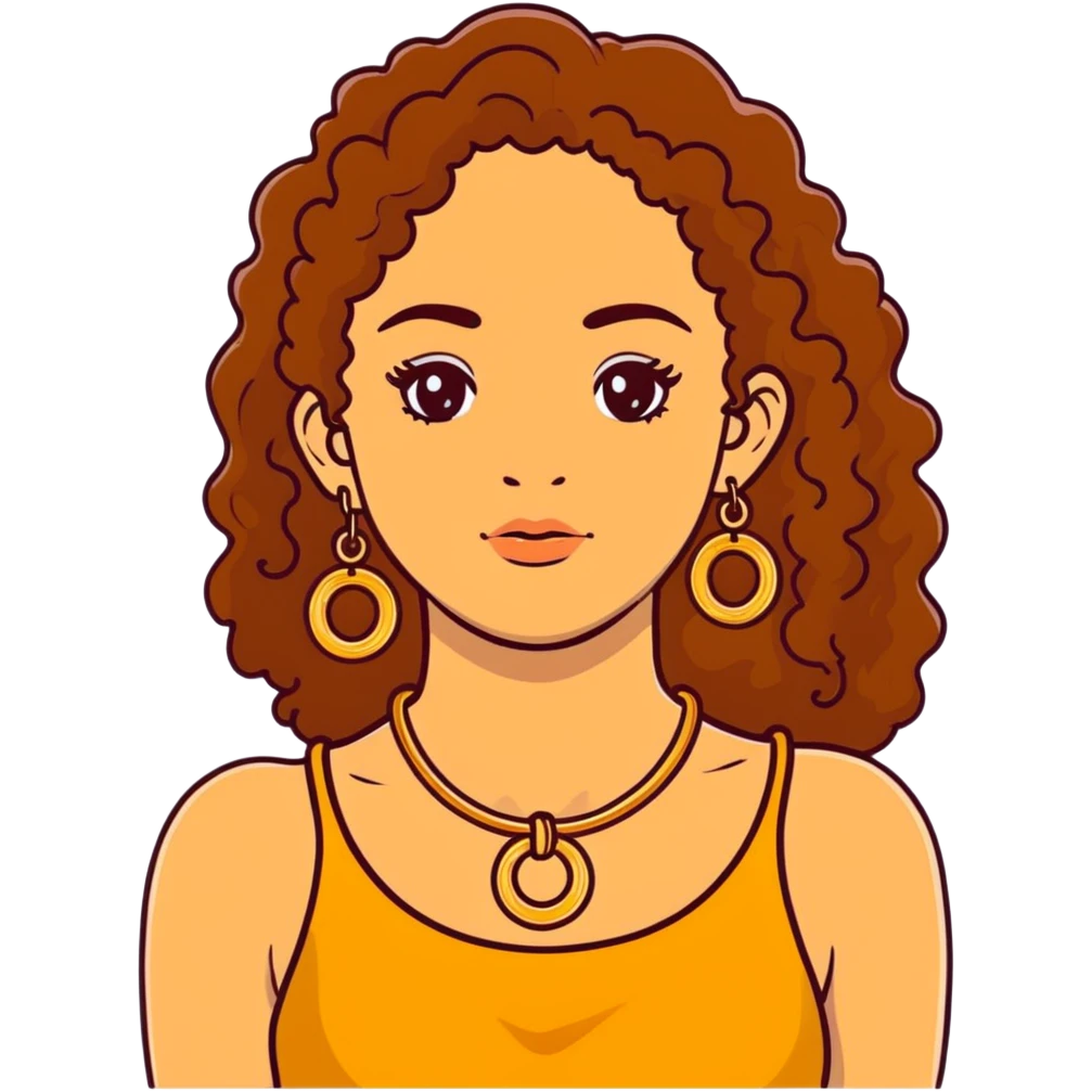 Attractive Greek woman with freckles, long curly amber-brown hair, gold hoop earrings and small necklace emoji