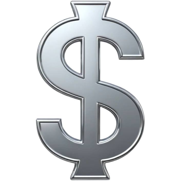 A double dollar sign emoji made of polished silver chrome, smooth metallic surface, glossy reflections, luxury swag vibe, minimal iOS emoji style, centered on white background emoji