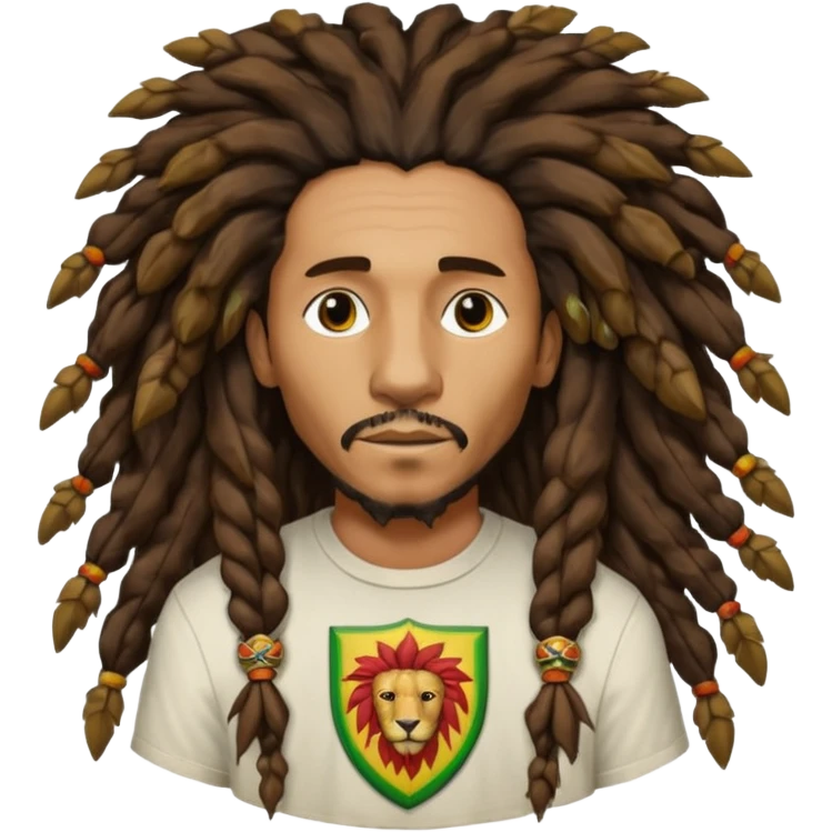 melancholic  Bob Marley with gigantic dread locks in form heraldic crest with ethiopian lion emoji