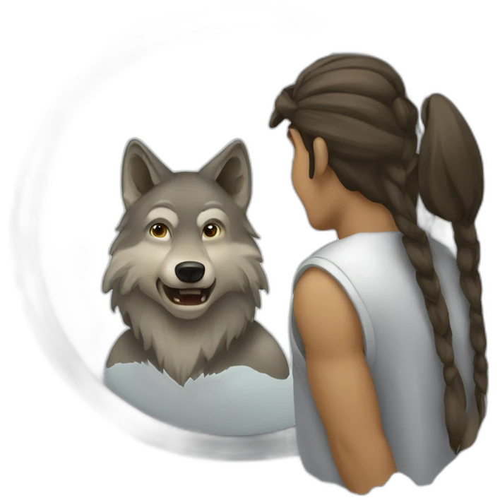 Picture of a man looking at a mirror and seeing a human looking wolf emoji
