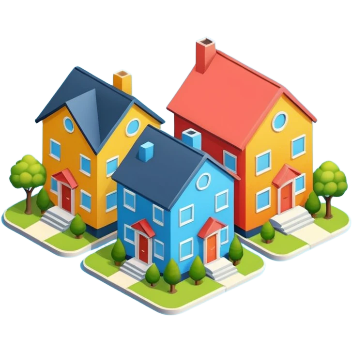 group of 3 houses representing neighborhood isometric houses on transparent background iphone like emoji