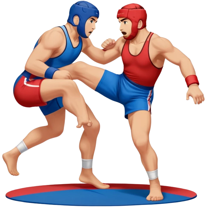 Two sambo fighters in blue and red gis with shorts, executing grappling and throwing techniques. The athletes are engaged in a dynamic hold or throw, showcasing the strength and skill of the sport. The background features a wrestling mat. Transparent background  emoji