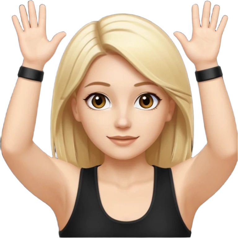 I want a white female dj animated gif emoji with long straight centre parting blonde hair, brown eye brows and putting hands up in the air. Wearing a black tight top with no sleeve emoji