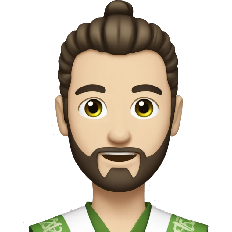white man with short beard and a "top knot" samurai style dark brown hair. green eyes. slightly smiling. emoji
