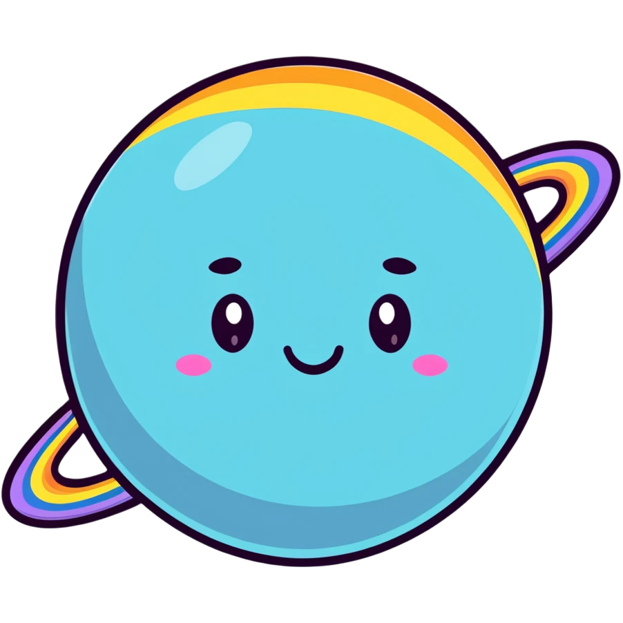 round planet with rainbow stripes in all colors and a cute happy face emoji