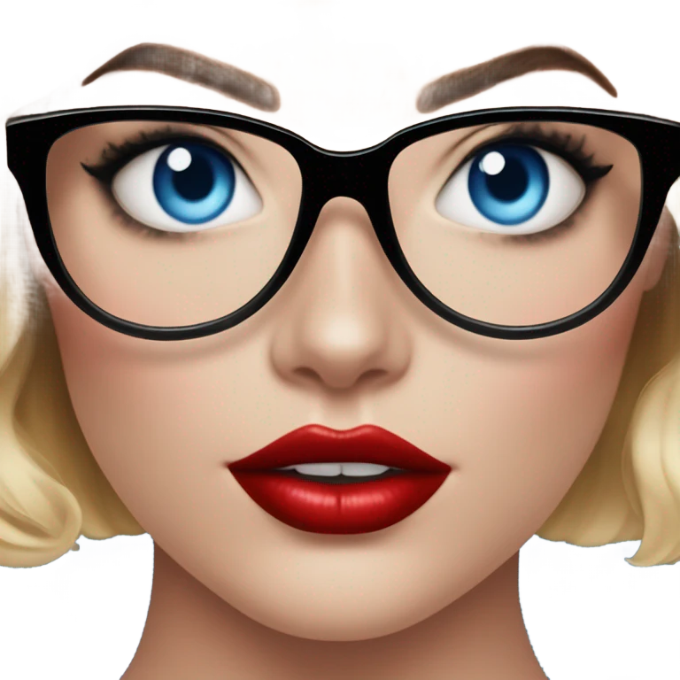  Margot Robbie, bright blue eyes and winged eye liner, red kisses, wearing black glasses  emoji