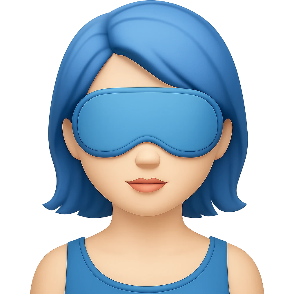 Create an Apple emoji style image of a woman with a sleep eye mask and blue hair, no pillow, no background. The style should resemble Apple emojis. emoji