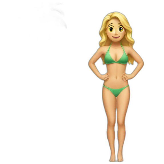 Soft-fit Caucasian woman bikini abs (hands-in-hair pose) (full body) couch emoji
