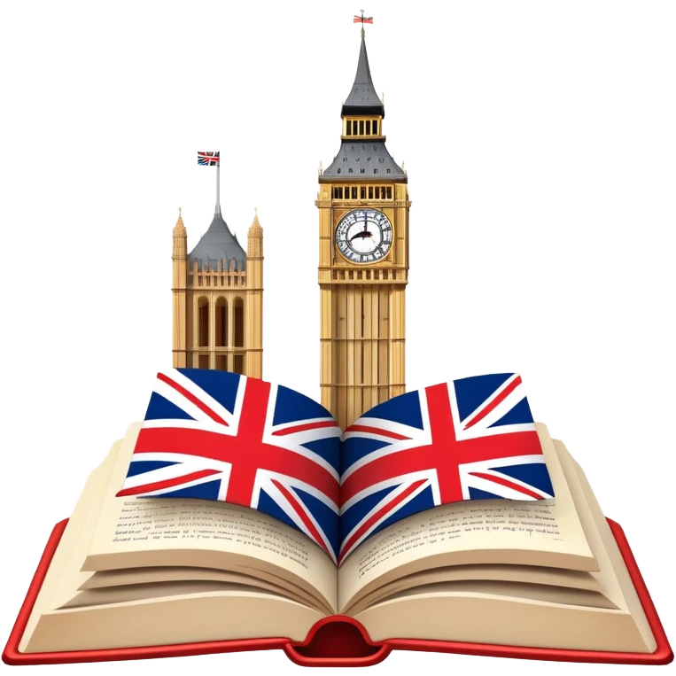 An icon featuring the Big Ben clock tower and the flag of the United Kingdom, symbolizing the English language. The design includes an open book with English words and phrases, representing language learning and cultural exploration. Transparent background  emoji