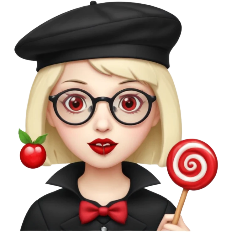 Vampire with lollipop, beret and glasses emoji