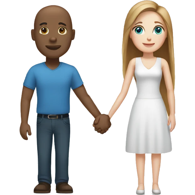 Bald black man holding hands with a white woman with long brown-hair and blue eyes emoji