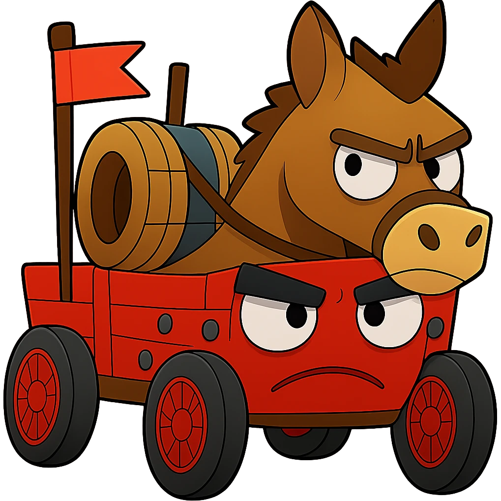 Reduce the file size of the emoji image as much as possible while keeping the transparent background. Maintain clarity and recognizability of the silly angry donkey and wagon, ensuring the image remains clear and distinct despite compression. emoji