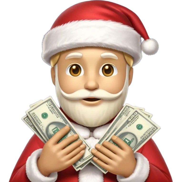 A confident rich emoji face wearing a Santa hat, money stacks, casino vibe, New Year theme, premium 3D emoji style, sharp details, no text, isolated on transparent background emoji