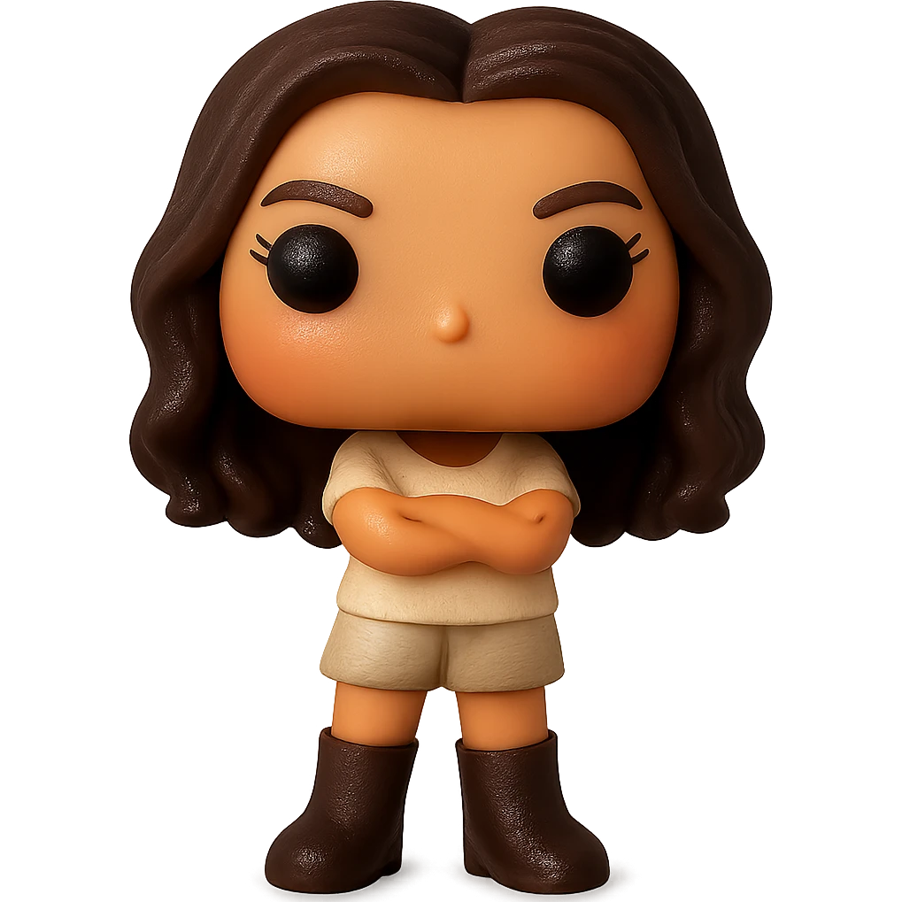 Enhance the quality of the image with smooth golden peach skin and a healthy glow, dark hair with subtle auburn highlights, even darker leather boots, textured clothing (cream top, greige bottom), arms crossed, rosy cheekbones, very subtle freckles, no neck visible, eyebrows with a mischievous and playful expression, no mouth, transparent background. Maintain the original style and details from the reference image. emoji