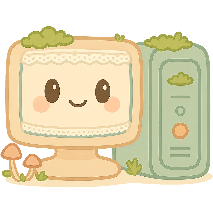 Remove any words or text from the image. Maintain the cottagecore style featuring a quaint computer tower and monitor surrounded by moss, tiny mushrooms, delicate lace, and soft earthy tones. The background should be transparent. emoji