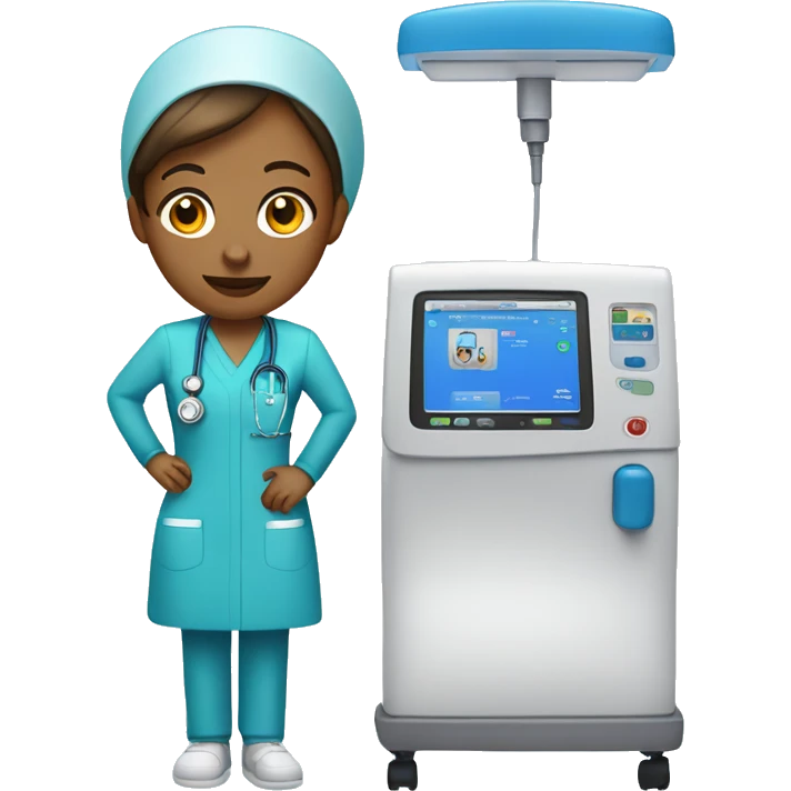dialysis nurse wearing a blue tunic standing next to a dialysis machine emoji