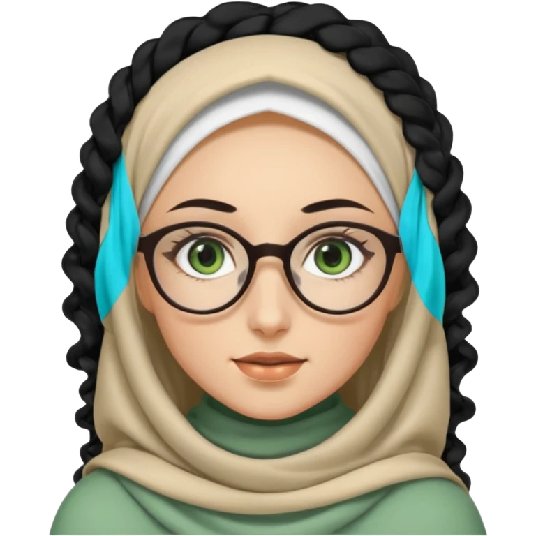 White hijabi girl with black eyes and black long hair white girl and black eyes wearing glasses and a white skin girl with curly honey hair and green eyes emoji
