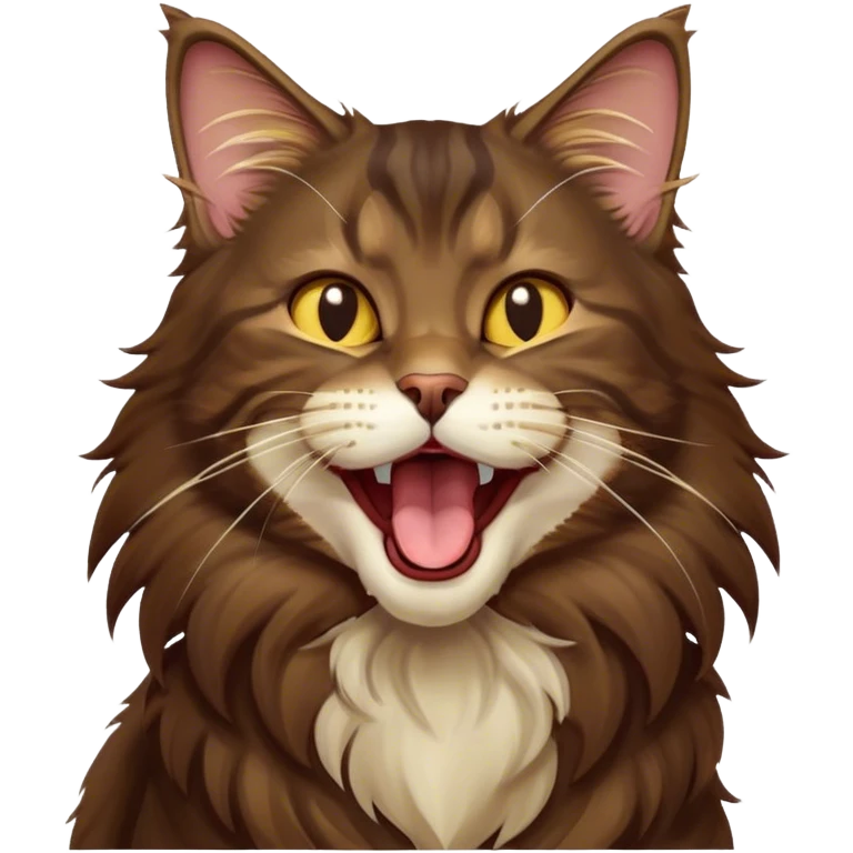 Cinematic Cute Dark Brown Maine Coon Cat Portrait Emoji, Head tilted playfully and yawning, sleek deep brown and gold tones with subtle hints of black, Simplified yet adorable features, highly detailed, glowing with a warm, friendly glow, high shine, curious and affectionate, stylized with a touch of whimsy, bright and alert, soft glowing outline, capturing the essence of a mischievous yet loving kitten, so endearing it feels like it could leap out of the screen and stretch with its fluffy tail swishing! emoji