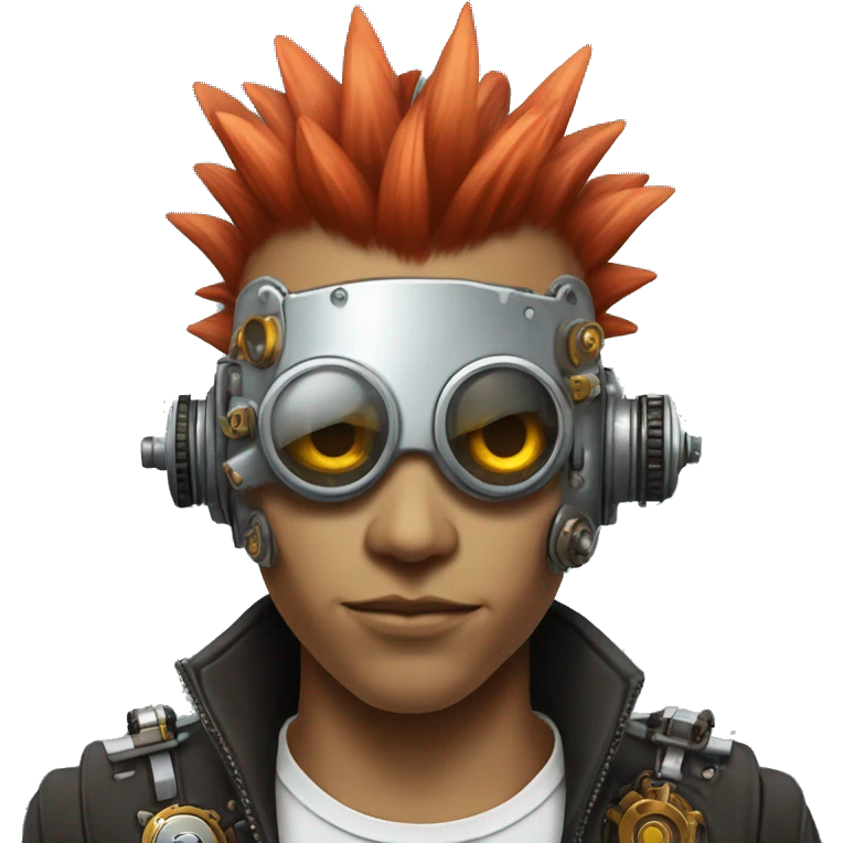 Light red Mohawk hair male cyborg head with white steampunk goggles and circuits emoji