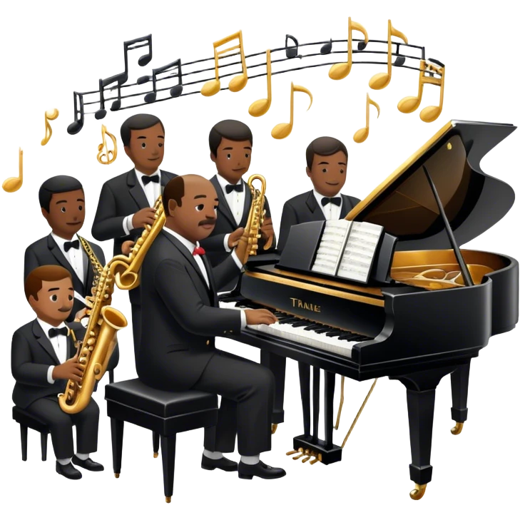 Icon for Jazz Music: Count Basie Orchestra, with Count Basie at the piano surrounded by jazz musicians playing instruments like saxophones, trumpets, and drums. Floating musical notes should capture the energetic and smooth vibe of big band jazz. Transparent background. emoji