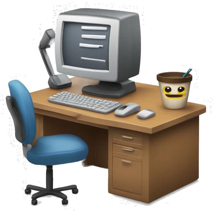 computadora en escriorio con un cuaderno y lapicera emoji